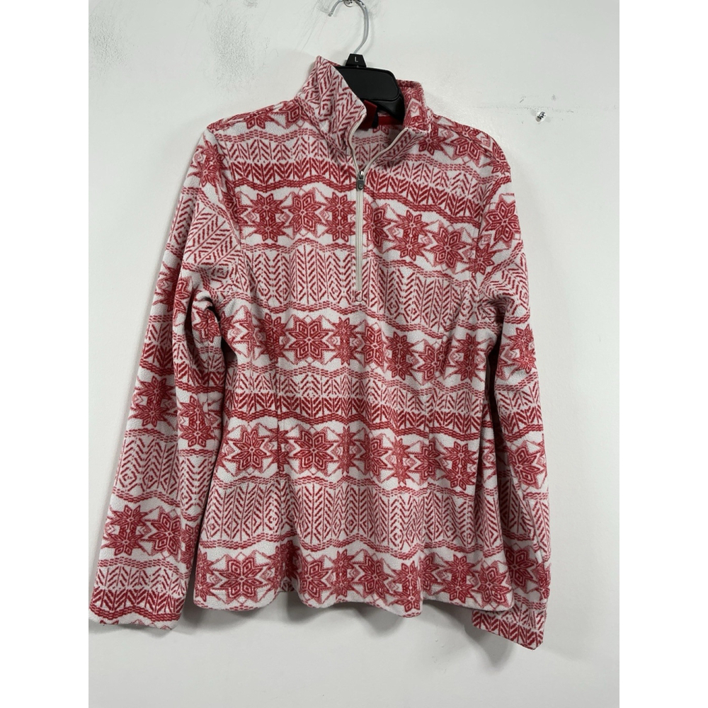 womans lands end Long Sleeve Pullover Fleece Small 6-8 Red White Snow Flakes